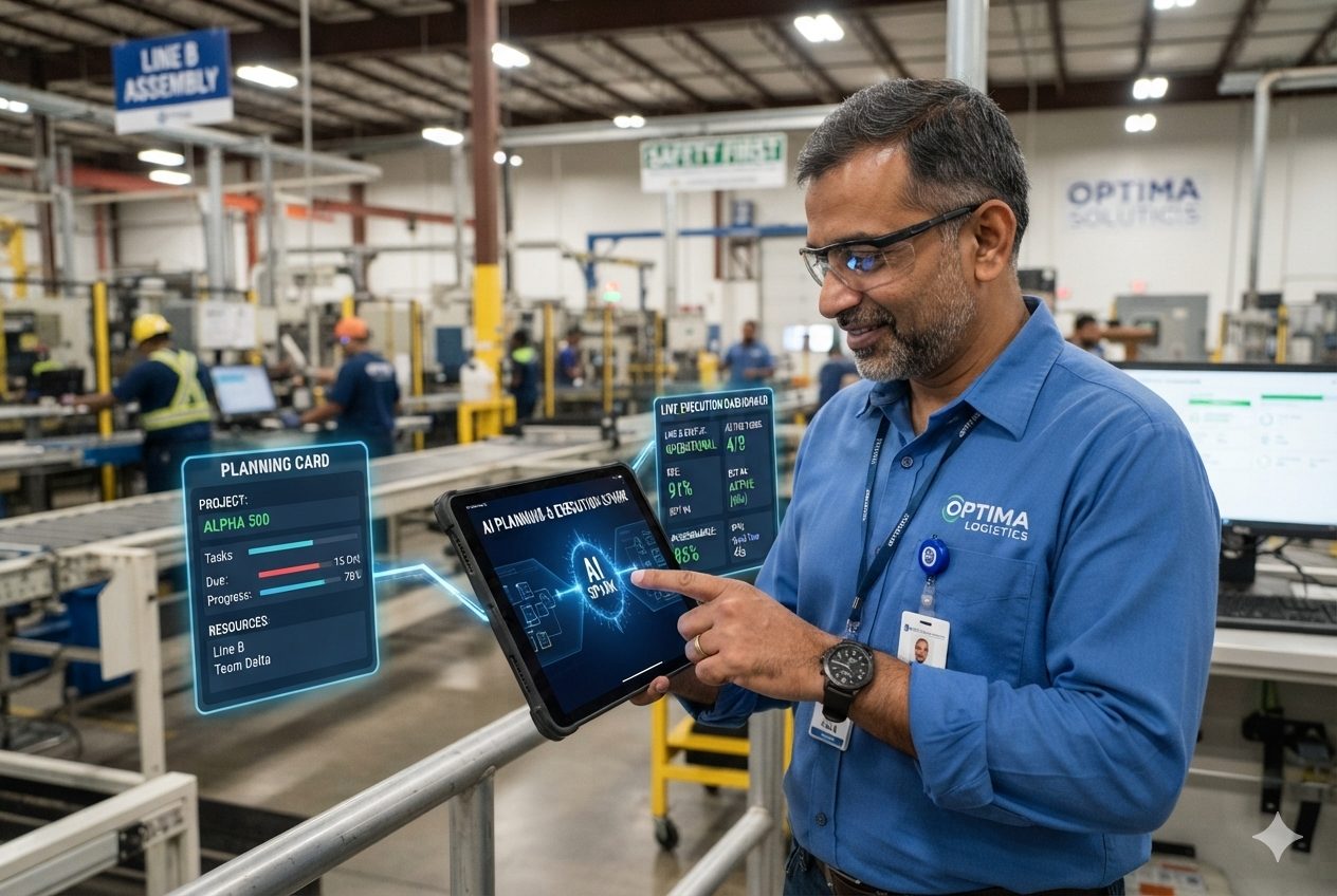 A supervisor reviewing an AI-generated planning and execution dashboard on a tablet on the shop floor