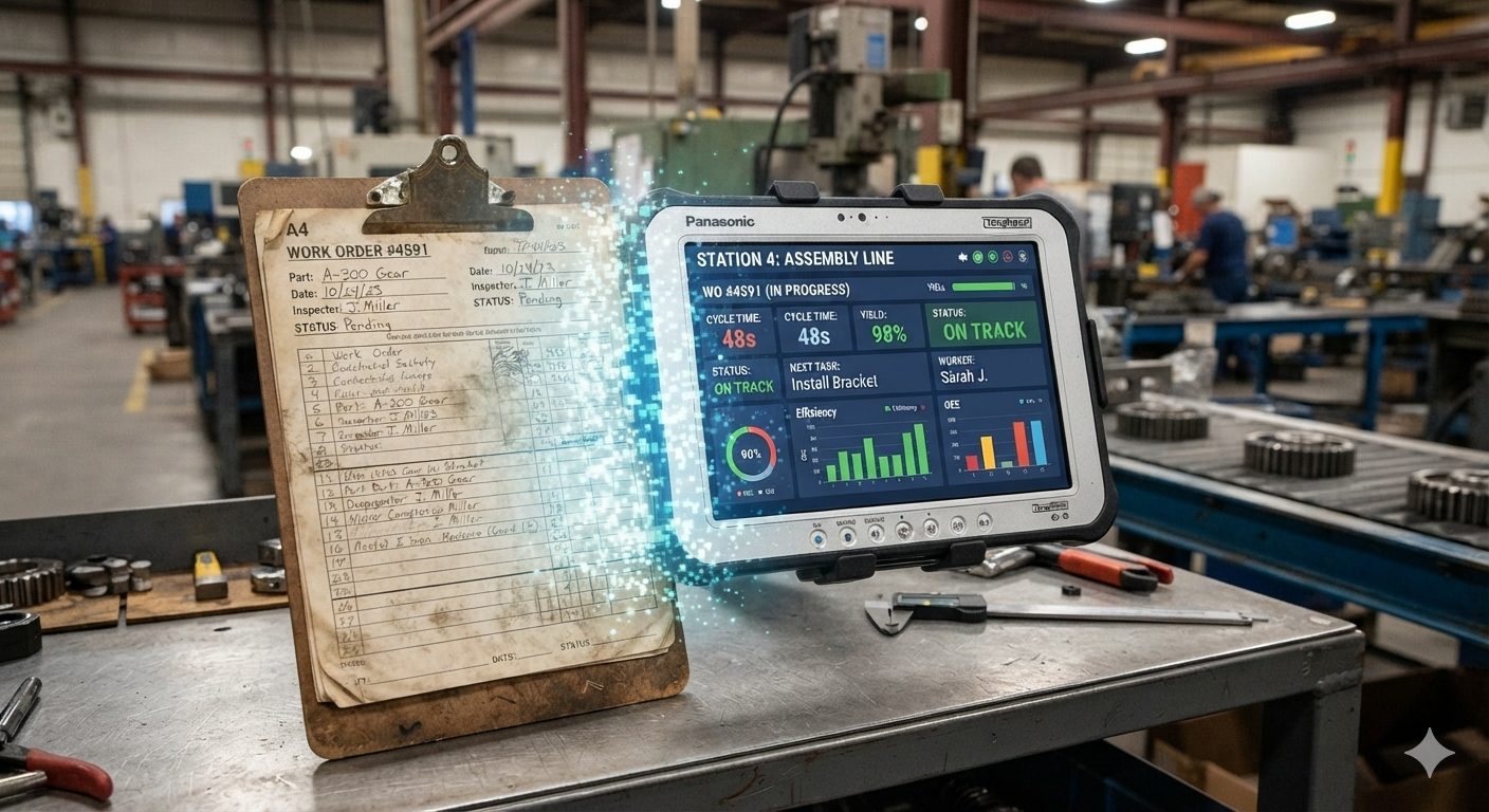 A faded paper document transforming into a live, glowing station dashboard