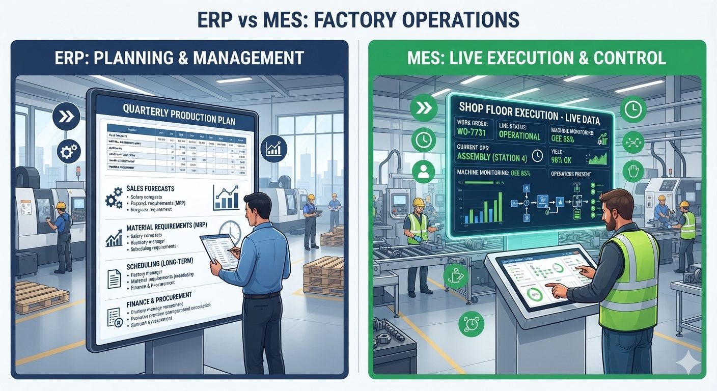 Two panels side by side, one representing ERP planning records and one representing live MES execution data